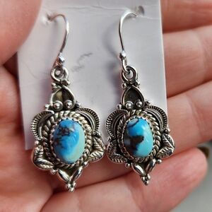 Handmade Sterling Silver 925 Golden Hills Turquoise Scroll Detail Dangle Earring